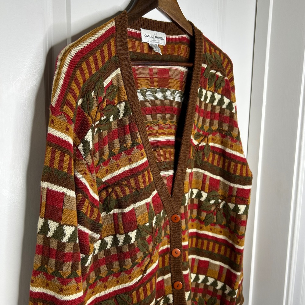 Vintage Casual Corner Women Fall Pattern Cardigan Sz M Earth Tones‎ Cottagecore